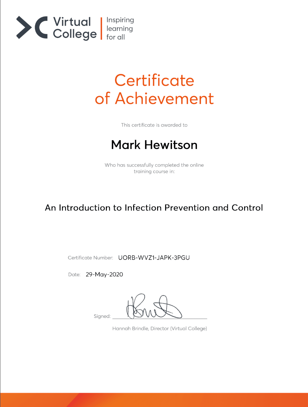 Mark Hewitson's Certificate of Achievement - An Introduction to Infection Prevention and Control